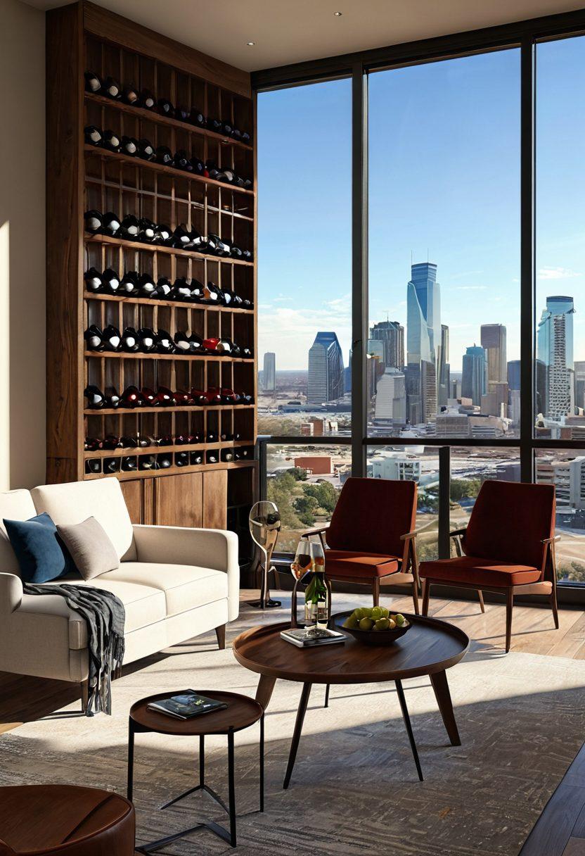 A cozy, sunlit apartment living room with a stylish wine rack, a table set for a wine tasting, and large windows revealing a view of Dallas skyline. Include rich, warm wood tones, soft textures, and decorative wine bottles. The scene should evoke a sense of relaxation and sophistication. super-realistic. vibrant colors. 3D.