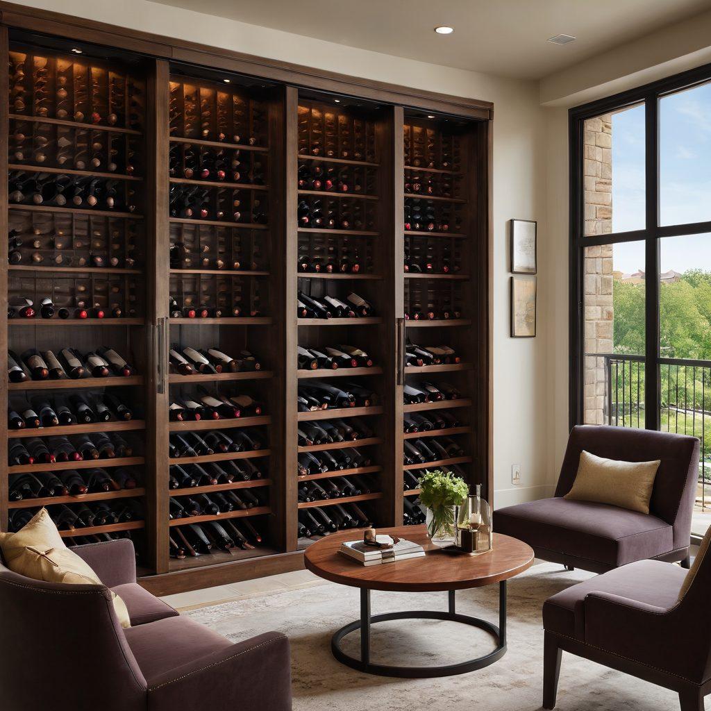 An inviting Dallas apartment interior featuring a stylish wine cellar with various wine bottles, elegant wooden furniture, and large windows allowing natural light. Include a cozy seating area with wine glasses and a vineyard view outside. This space exudes a warm, sophisticated ambiance perfect for wine lovers. super-realistic. warm tones. vibrant lighting.
