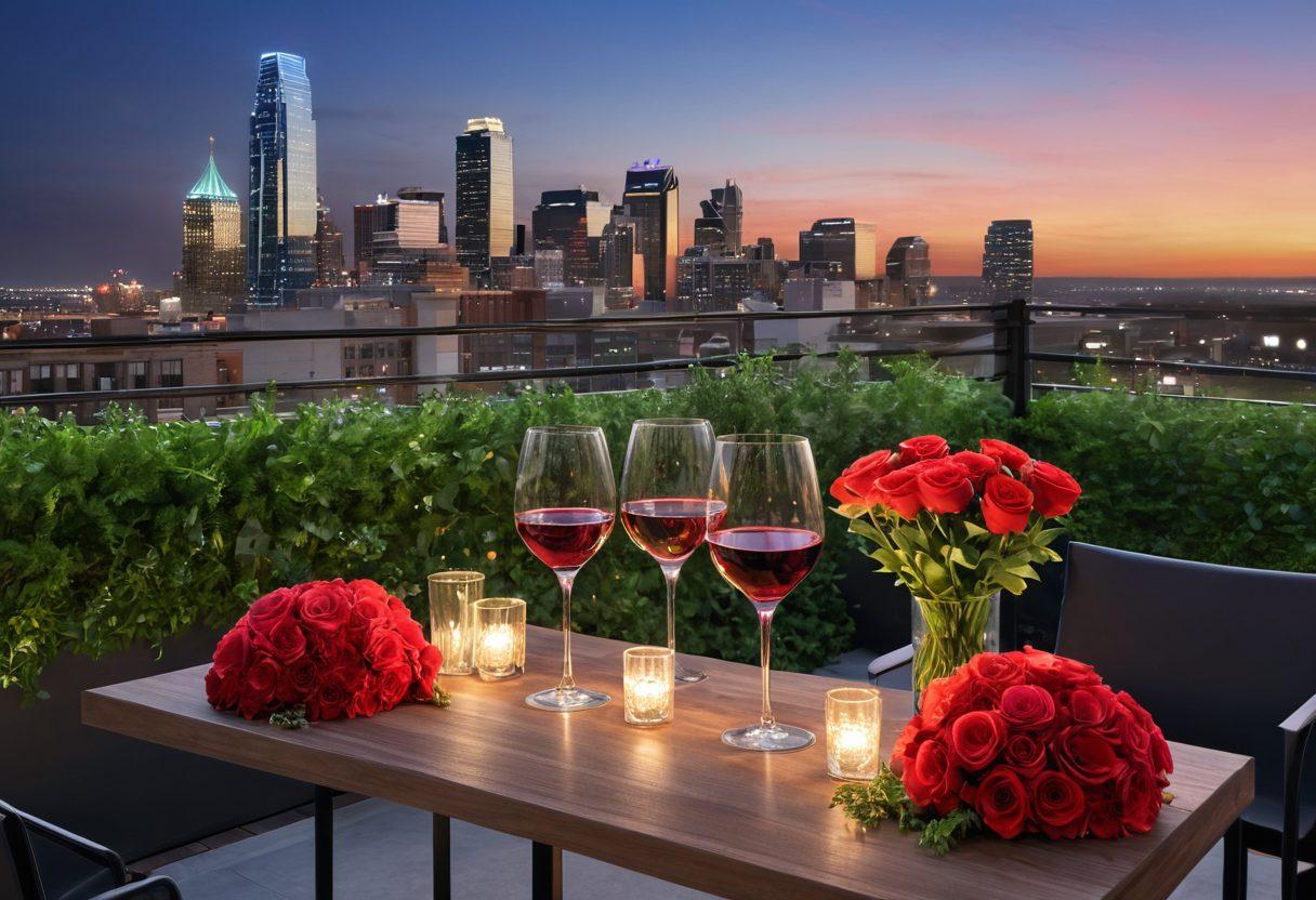 A stylish rooftop terrace in Dallas showcasing elegant wine glasses, a modern city skyline in the backdrop, lush greenery, and vibrant flowers. A couple enjoys an evening of wine tasting, dressed in chic attire, with soft ambient lights illuminating the space. The atmosphere conveys sophistication and urban lifestyle. super-realistic. vibrant colors. 3D.